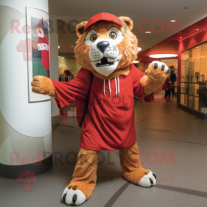 Red Saber-Toothed Tiger mascot costume character dressed with a Cover-up and Ties