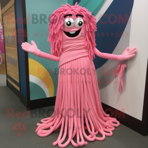 Pink Spaghetti mascot costume character dressed with a Wrap Dress and Shoe clips