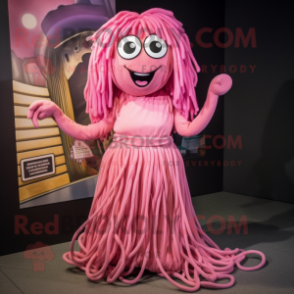 Pink Spaghetti mascot costume character dressed with a Wrap Dress and Shoe clips