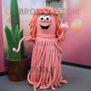 Pink Spaghetti mascot costume character dressed with a Wrap Dress and Shoe clips