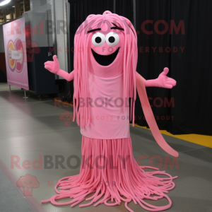 Pink Spaghetti mascot costume character dressed with a Wrap Dress and Shoe clips