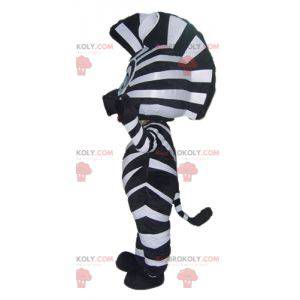 Mascotte zebra in bianco e nero con gli occhi azzurri -