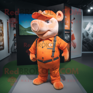 Orange Pig mascot costume character dressed with a Romper and Caps