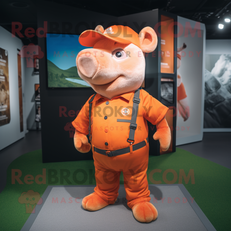 Orange Pig mascot costume character dressed with a Romper and Caps Orange Pig mascot costume character dressed with a Romper and Caps