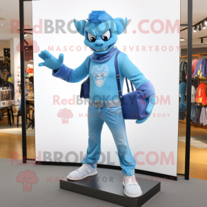 Sky Blue Demon mascot costume character dressed with a Skinny Jeans and Messenger bags