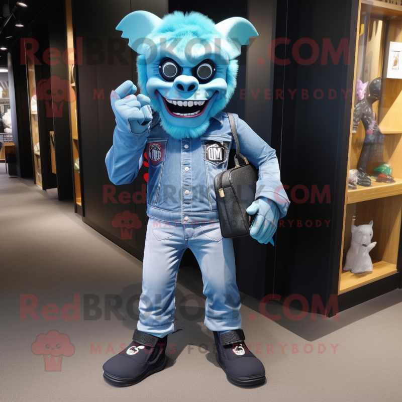 Sky Blue Demon mascot costume character dressed with a Skinny Jeans and Messenger bags