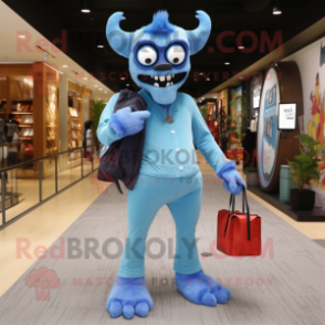 Sky Blue Demon mascot costume character dressed with a Skinny Jeans and Messenger bags