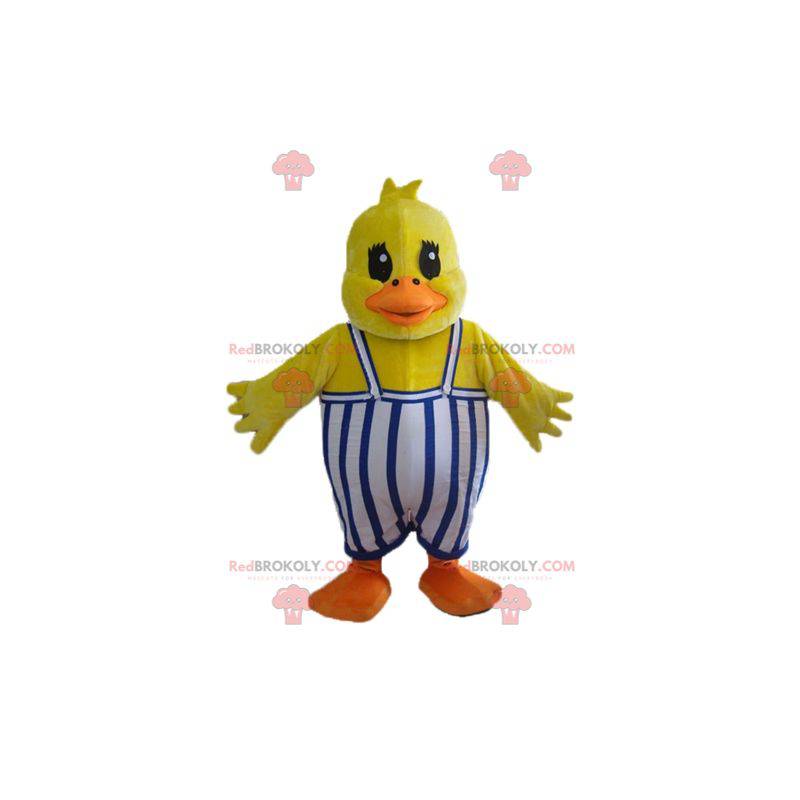 Mascotte de poussin de canard jaune avec une salopette -