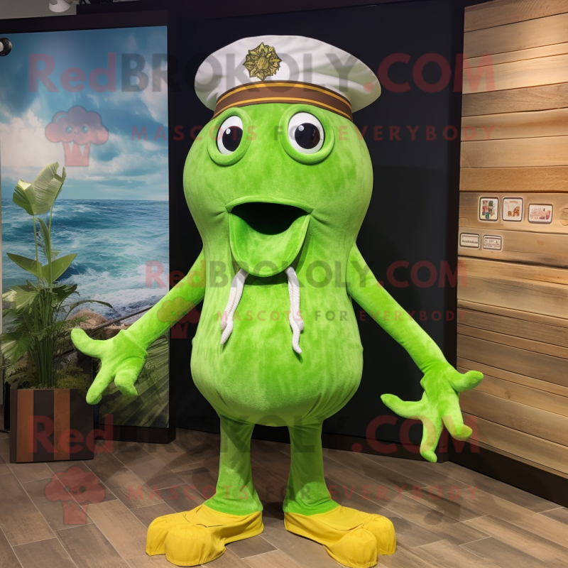 Lime Green Kraken mascot costume character dressed with a Cargo Shorts and Tie pins Lime Green Kraken mascot costume character dressed with a Cargo Shorts and Tie pins
