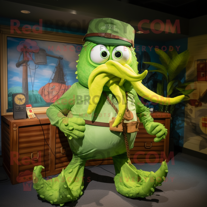 Lime Green Kraken mascot costume character dressed with a Cargo Shorts and Tie pins