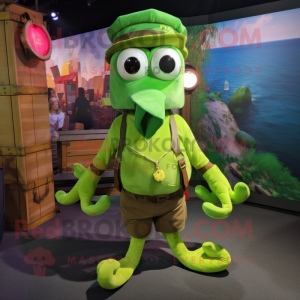 Lime Green Kraken mascot costume character dressed with a Cargo Shorts and Tie pins