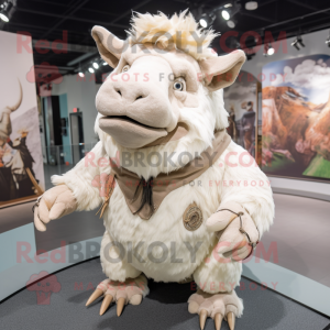 Cream Woolly Rhinoceros mascot costume character dressed with a Poplin Shirt and Headbands