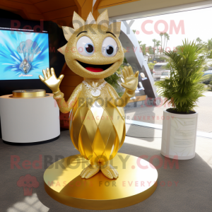 Gold Engagement Ring mascot costume character dressed with a Bikini and Shoe clips