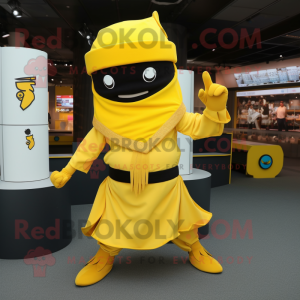 Yellow Ninja mascot costume character dressed with a A-Line Skirt and Hat pins