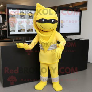 Yellow Ninja mascot costume character dressed with a A-Line Skirt and Hat pins