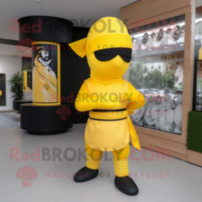 Yellow Ninja mascot costume character dressed with a A-Line Skirt and Hat pins