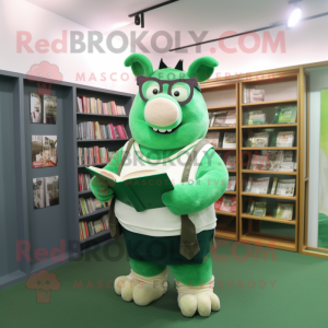 Green Sow mascot costume character dressed with a Playsuit and Reading glasses