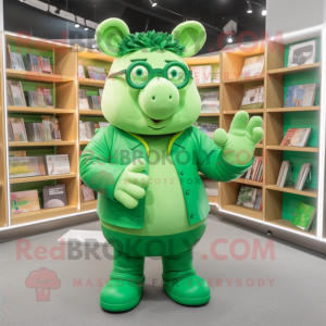 Green Sow mascot costume character dressed with a Playsuit and Reading glasses