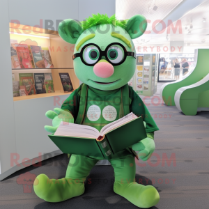 Green Sow mascot costume character dressed with a Playsuit and Reading glasses