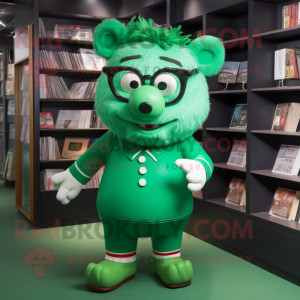 Green Sow mascot costume character dressed with a Playsuit and Reading glasses