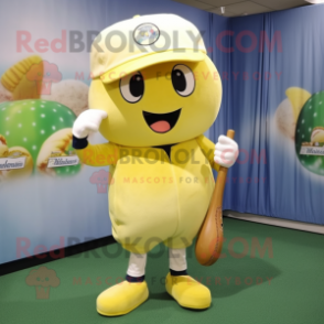 Lemon Yellow Turnip mascot costume character dressed with a Baseball Tee and Messenger bags