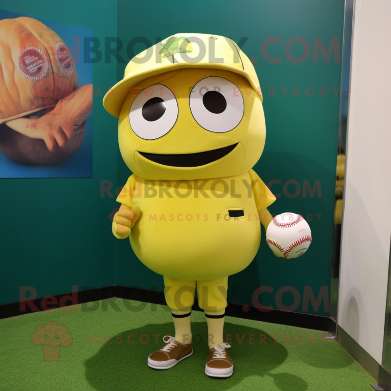 Lemon Yellow Turnip mascot costume character dressed with a Baseball Tee and Messenger bags