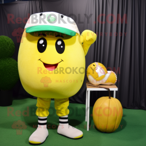 Lemon Yellow Turnip mascot costume character dressed with a Baseball Tee and Messenger bags