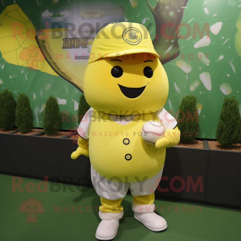 Lemon Yellow Turnip mascot costume character dressed with a Baseball Tee and Messenger bags