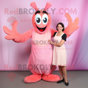 Pink Shrimp Scampi mascot costume character dressed with a Empire Waist Dress and Suspenders