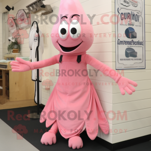 Pink Shrimp Scampi mascot costume character dressed with a Empire Waist Dress and Suspenders