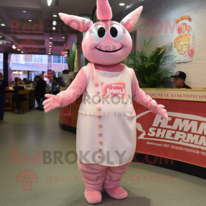 Pink Shrimp Scampi mascot costume character dressed with a Empire Waist Dress and Suspenders