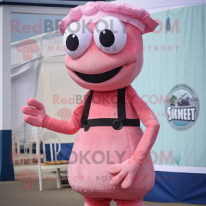 Pink Shrimp Scampi mascot costume character dressed with a Empire Waist Dress and Suspenders