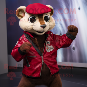 Maroon Weasel mascot costume character dressed with a Leather Jacket and Scarf clips