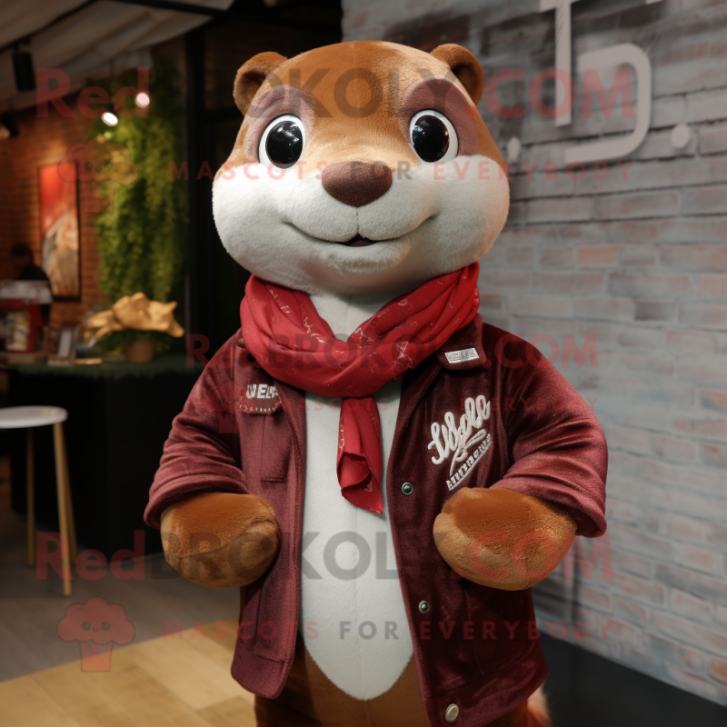 Maroon Weasel mascot costume character dressed with a Leather Jacket and Scarf clips