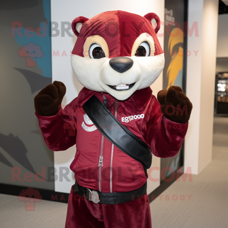 Maroon Weasel mascot costume character dressed with a Leather Jacket and Scarf clips