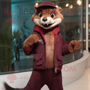 Maroon Weasel mascot costume character dressed with a Leather Jacket and Scarf clips