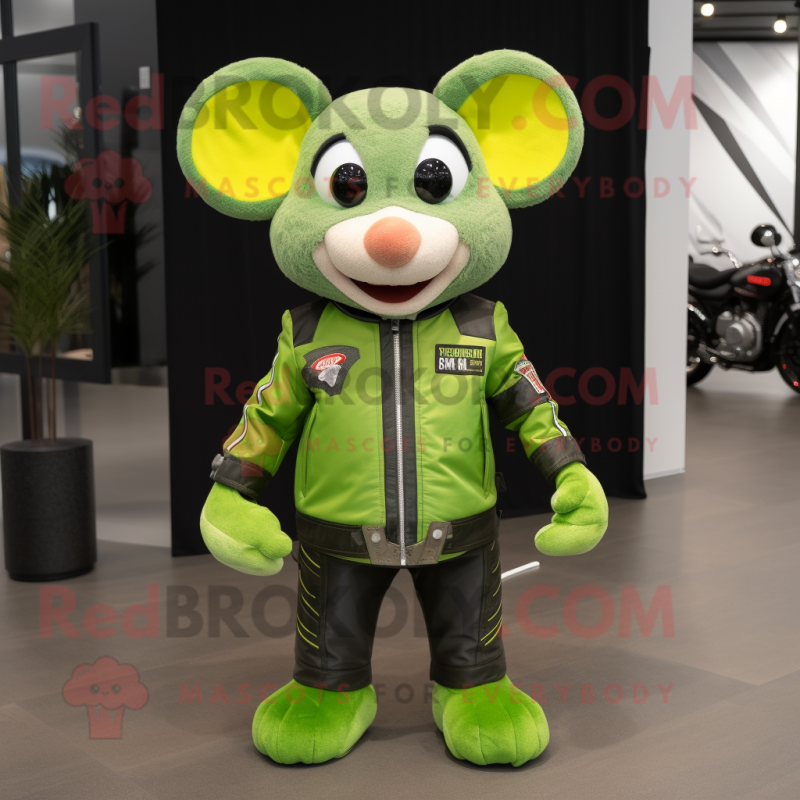 Lime Green Mouse mascot costume character dressed with a Moto Jacket and Headbands Lime Green Mouse mascot costume character dressed with a Moto Jacket and Headbands