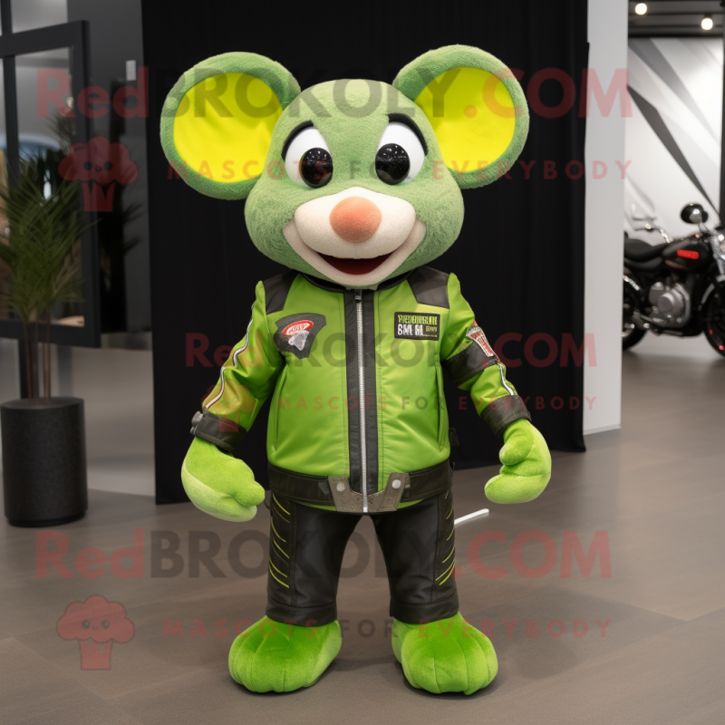 Lime Green Mouse mascot costume character dressed with a Moto Jacket and Headbands