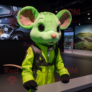 Lime Green Mouse mascot costume character dressed with a Moto Jacket and Headbands
