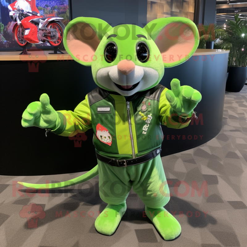 Lime Green Mouse mascot costume character dressed with a Moto Jacket and Headbands