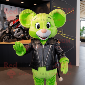 Lime Green Mouse mascot costume character dressed with a Moto Jacket and Headbands