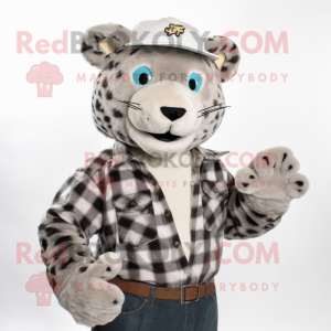 Silver Leopard mascot costume character dressed with a Flannel Shirt and Cummerbunds