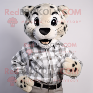 Silver Leopard mascot costume character dressed with a Flannel Shirt and Cummerbunds