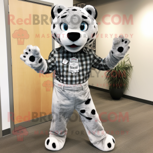 Silver Leopard mascot costume character dressed with a Flannel Shirt and Cummerbunds