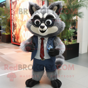 Gray Raccoon mascot costume character dressed with a Suit and Sunglasses