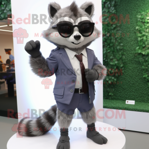 Gray Raccoon mascot costume character dressed with a Suit and Sunglasses