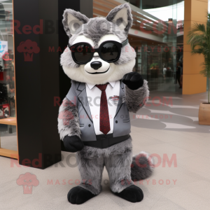 Gray Raccoon mascot costume character dressed with a Suit and Sunglasses