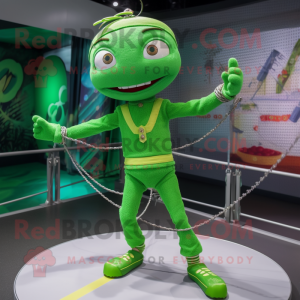 Green Tightrope Walker mascot costume character dressed with a Graphic Tee and Bracelets
