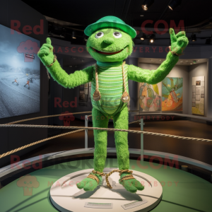 Green Tightrope Walker mascot costume character dressed with a Graphic Tee and Bracelets