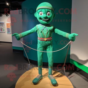 Green Tightrope Walker mascot costume character dressed with a Graphic Tee and Bracelets